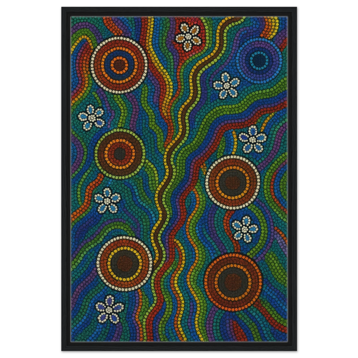 Rainbow Dreaming Aboriginal Wall Art Print - Framed Canvas - 60x90 cm / 24x36″ - Black frame