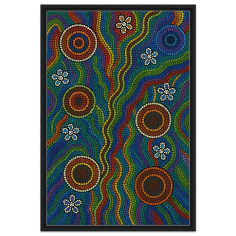 Rainbow Dreaming Aboriginal Wall Art Print - Framed Canvas - 60x90 cm / 24x36″ - Black frame