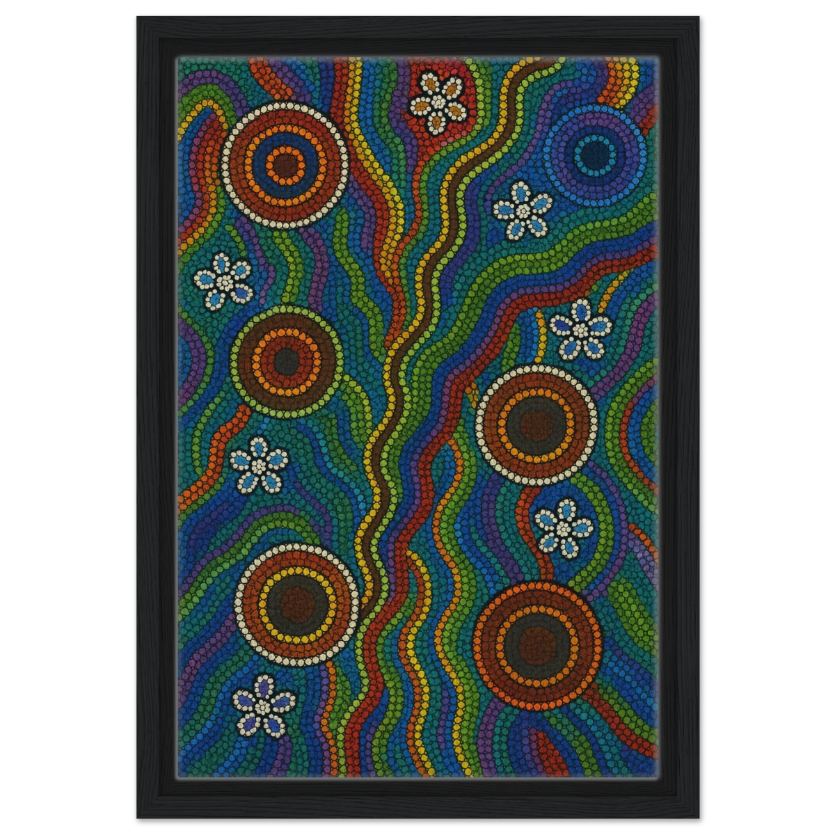 Rainbow Dreaming Aboriginal Wall Art Print - Framed Canvas - 30x45 cm / 12x18″ - Black frame