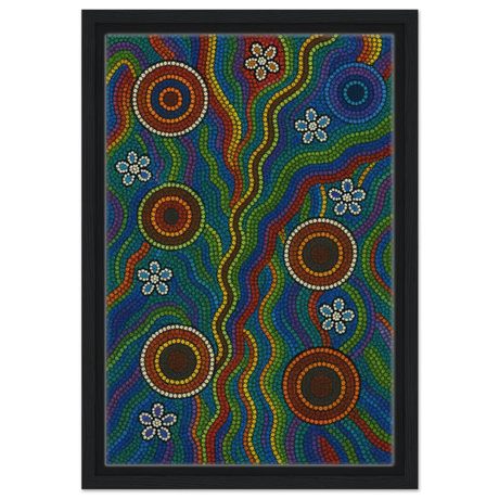 Rainbow Dreaming Aboriginal Wall Art Print - Framed Canvas - 30x45 cm / 12x18″ - Black frame