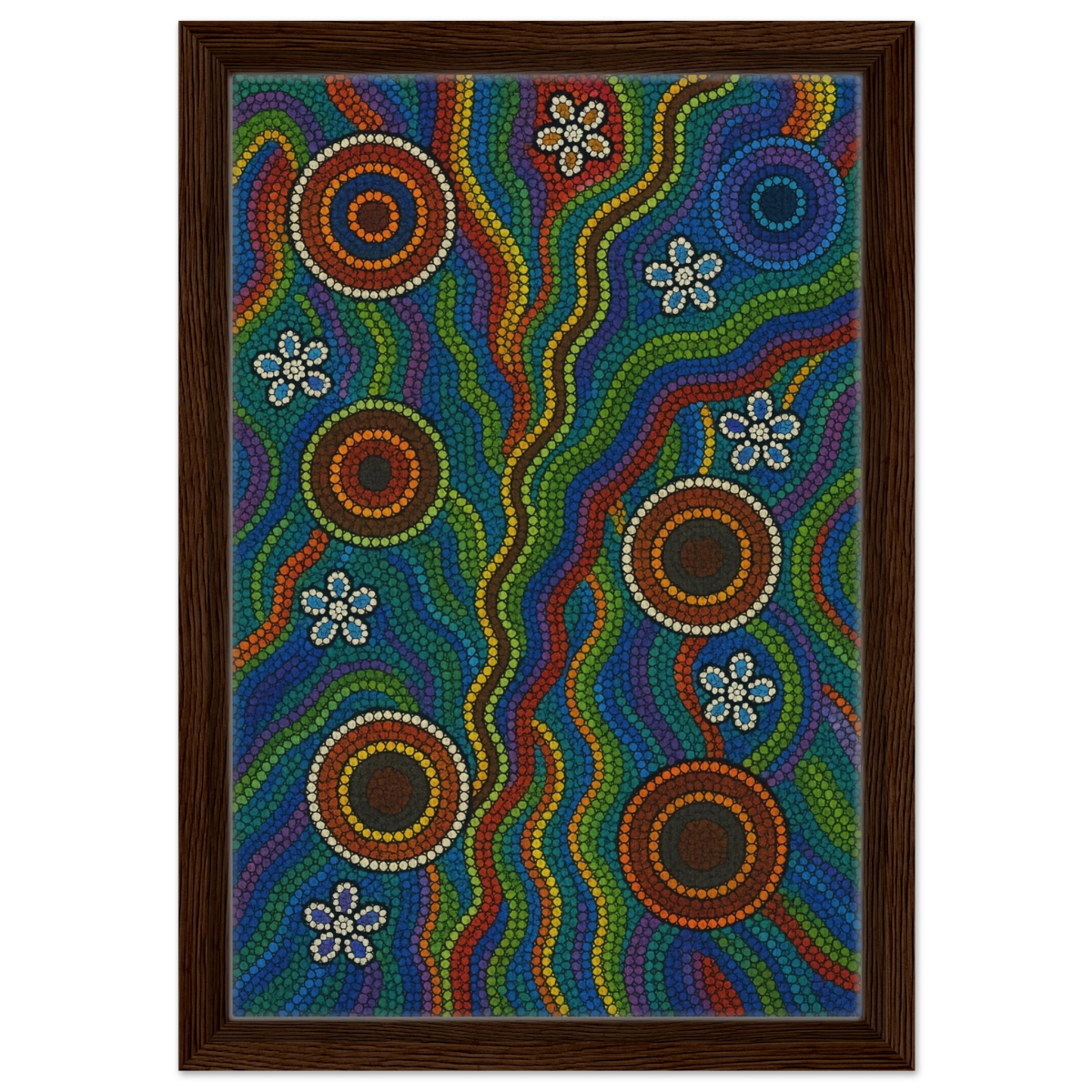 Rainbow Dreaming Aboriginal Wall Art Print - Framed Canvas - 30x45 cm / 12x18″ - Dark wood frame