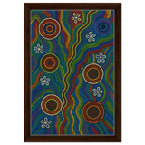 Rainbow Dreaming Aboriginal Wall Art Print - Framed Canvas - 30x45 cm / 12x18″ - Dark wood frame