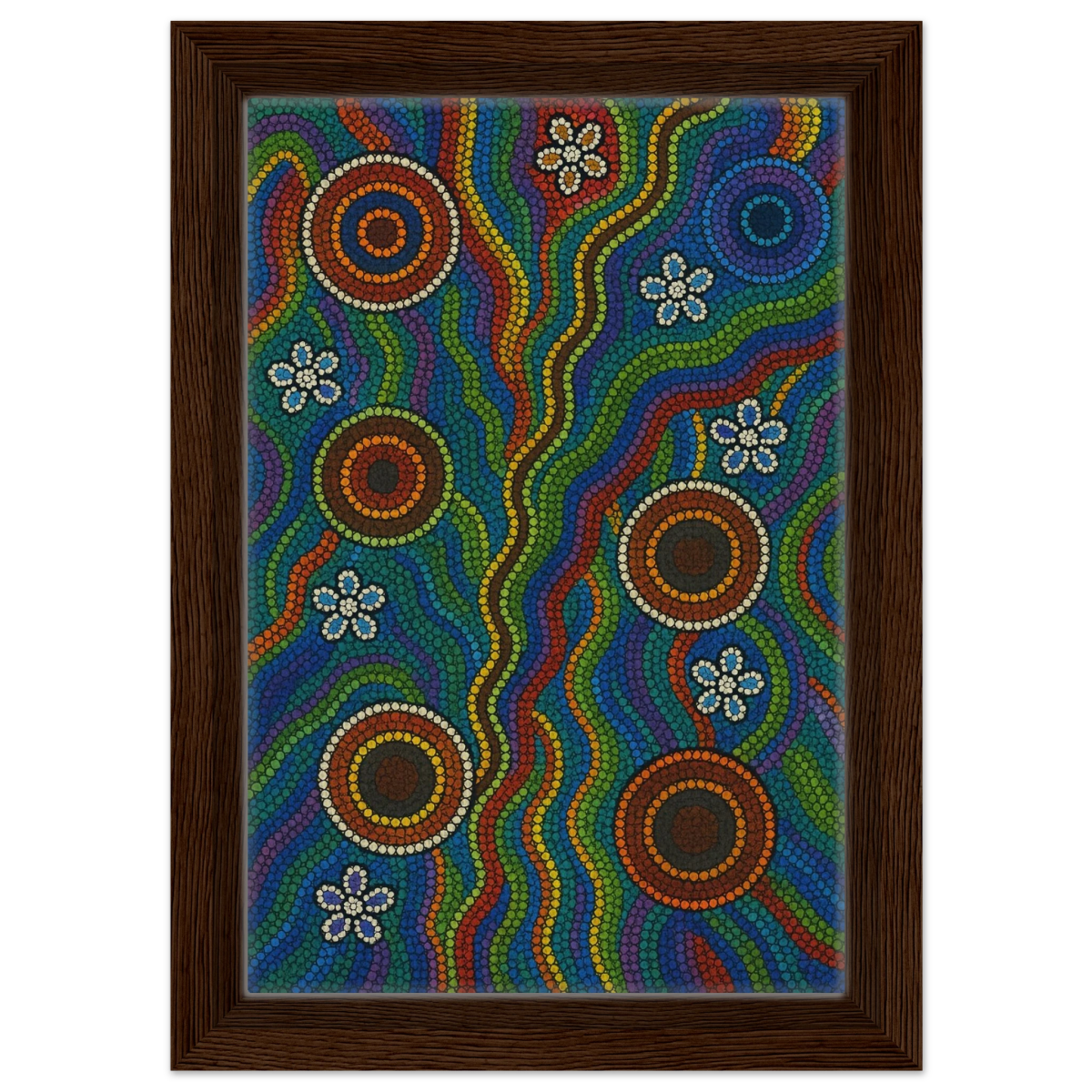 Rainbow Dreaming Aboriginal Wall Art Print - Framed Canvas - 20x30 cm / 8x12″ - Dark wood frame