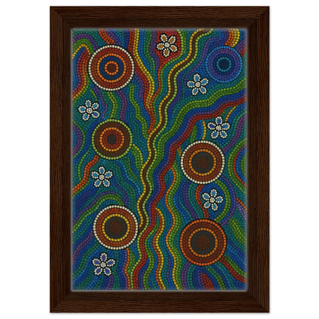 Rainbow Dreaming Aboriginal Wall Art Print - Framed Canvas - 20x30 cm / 8x12″ - Dark wood frame