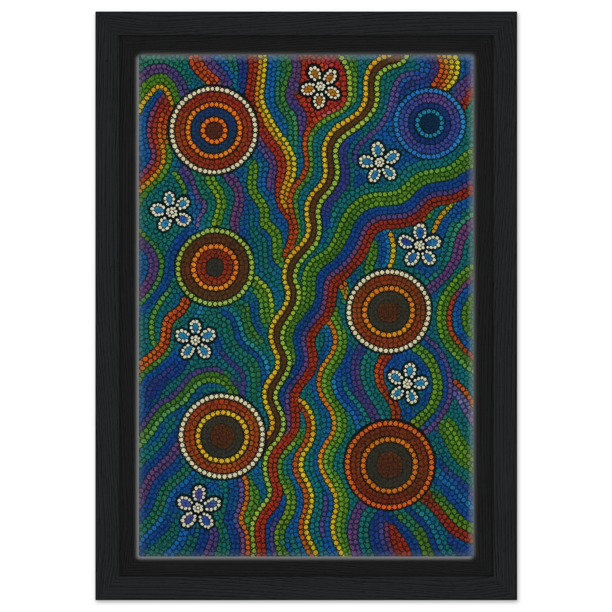 Rainbow Dreaming Aboriginal Wall Art Print - Framed Canvas - 20x30 cm / 8x12″ - Black frame