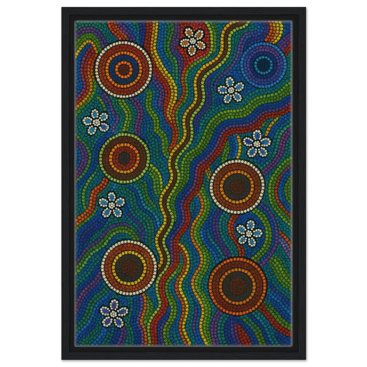 Rainbow Dreaming Aboriginal Wall Art Print - Framed Canvas - 40x60 cm / 16x24″ - Black frame