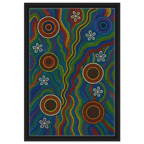 Rainbow Dreaming Aboriginal Wall Art Print - Framed Canvas - 40x60 cm / 16x24″ - Black frame