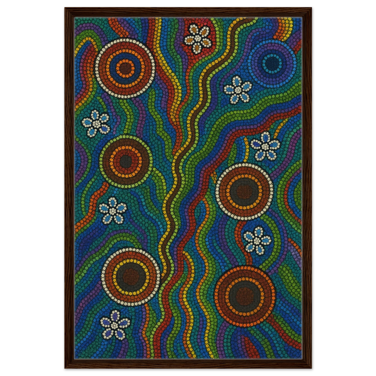 Rainbow Dreaming Aboriginal Wall Art Print - Framed Canvas - 60x90 cm / 24x36″ - Dark wood frame