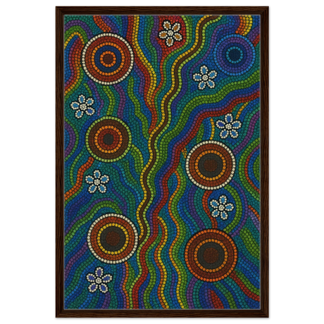 Rainbow Dreaming Aboriginal Wall Art Print - Framed Canvas - 60x90 cm / 24x36″ - Dark wood frame