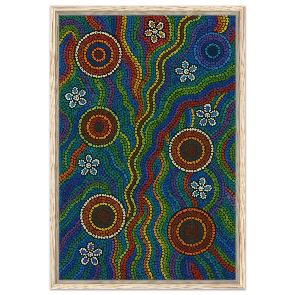 Rainbow Dreaming Aboriginal Wall Art Print - Framed Canvas - 50x75 cm / 20x30″ - Wood frame