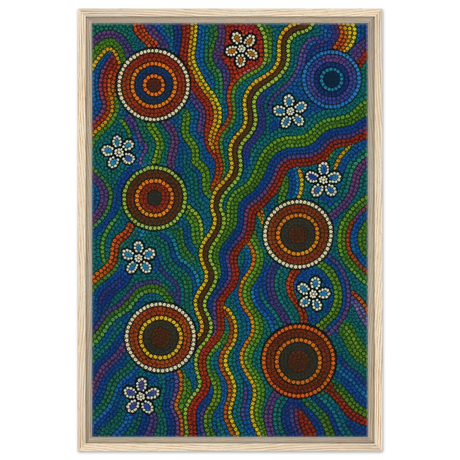 Rainbow Dreaming Aboriginal Wall Art Print - Framed Canvas - 50x75 cm / 20x30″ - Wood frame