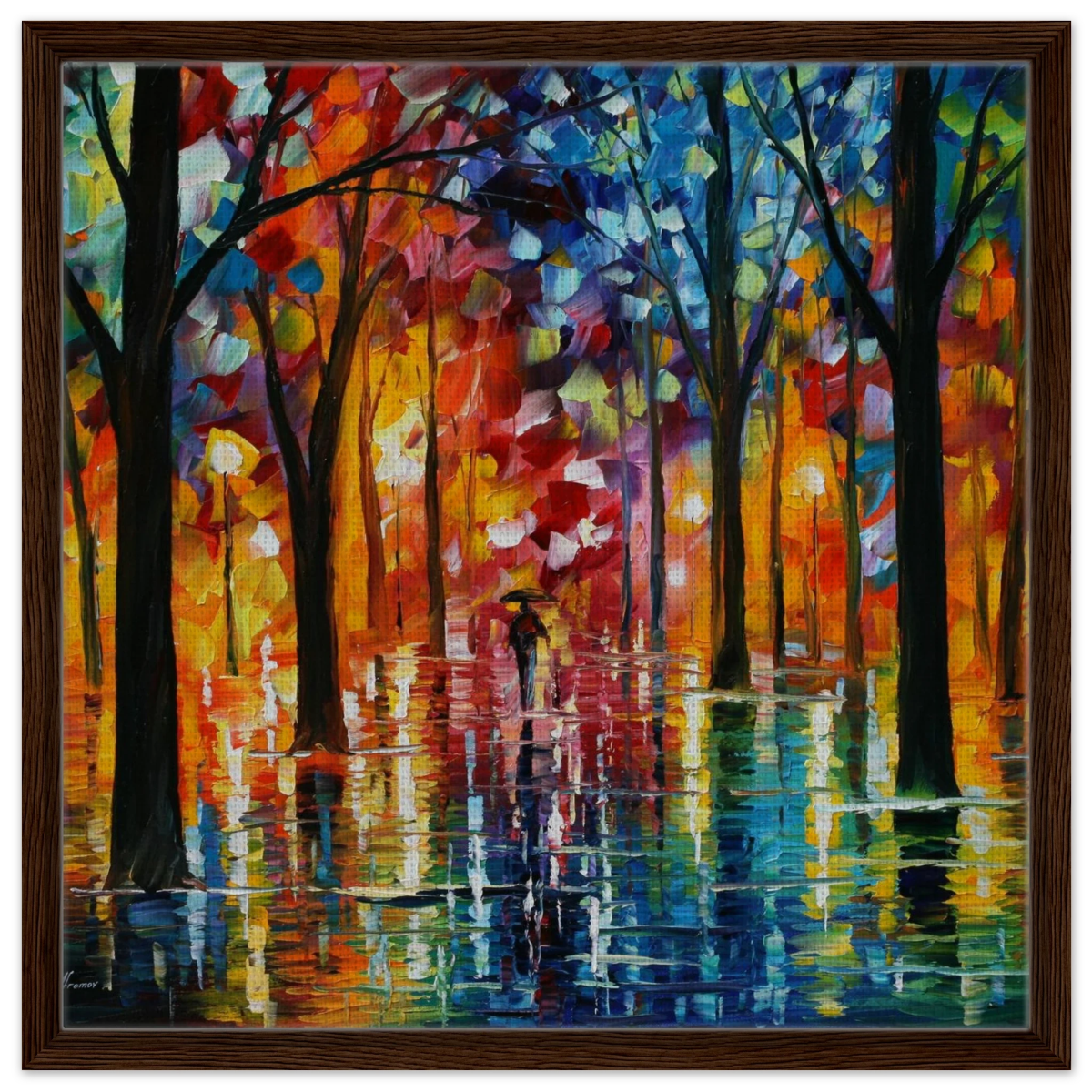 Reflections of Twilight – Vibrant Abstract City Park Wall Art - Framed Canvas - 60x60 cm / 24x24″ - Dark wood frame