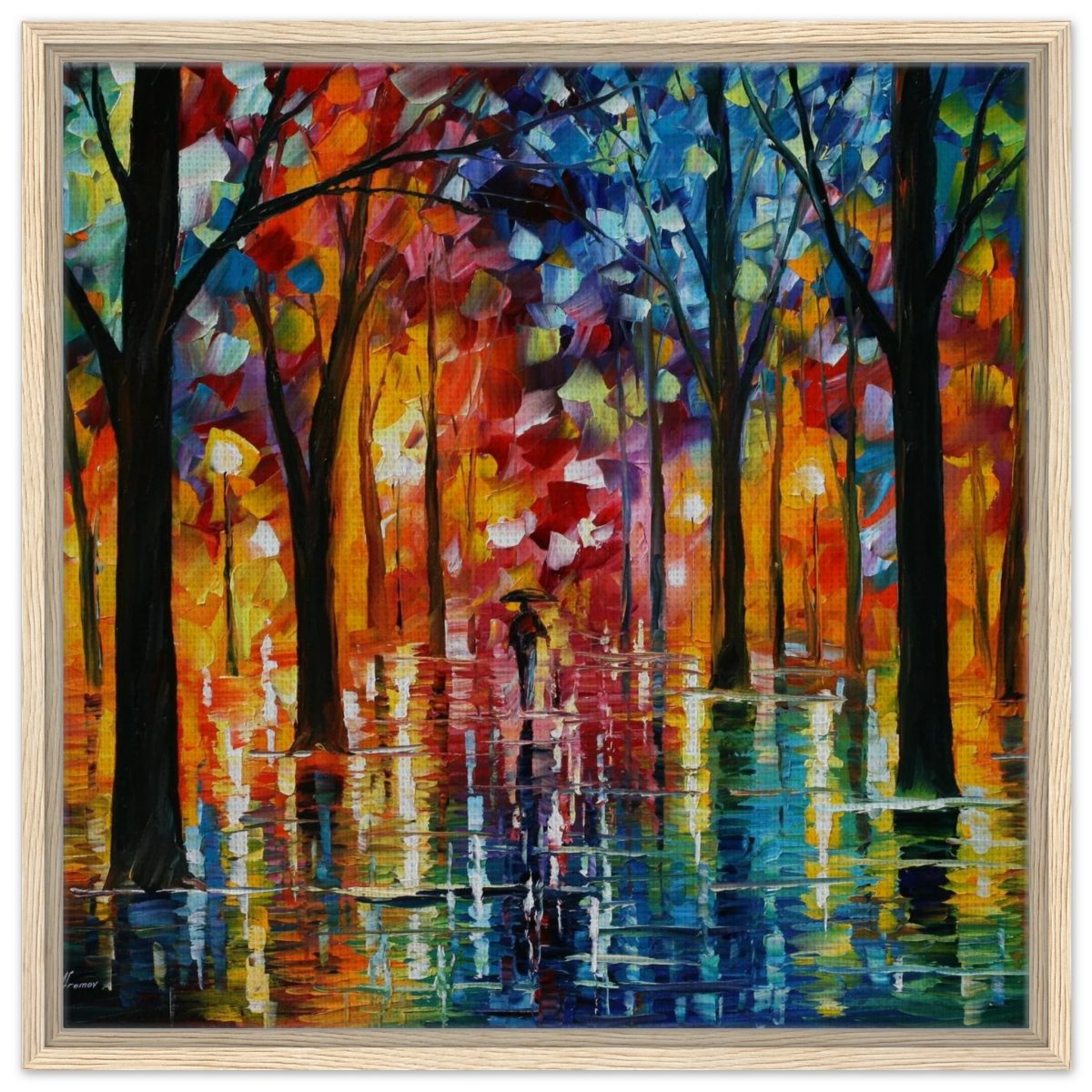 Reflections of Twilight – Vibrant Abstract City Park Wall Art - Framed Canvas - 60x60 cm / 24x24″ - Wood frame
