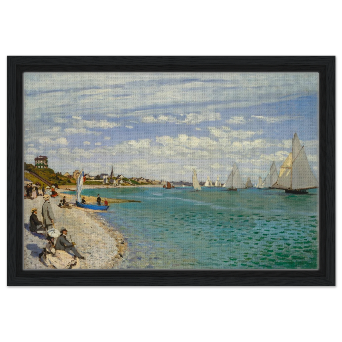 Regatta at Sainte - Adresse – Claude Monet Coastal Impressionist Wall Art Print - Framed Canvas - 30x45 cm / 12x18″ - Black frame