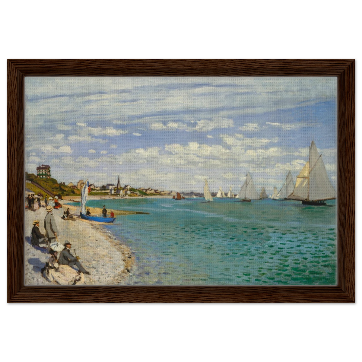 Regatta at Sainte - Adresse – Claude Monet Coastal Impressionist Wall Art Print - Framed Canvas - 30x45 cm / 12x18″ - Dark wood frame