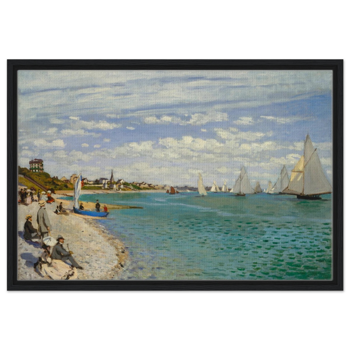 Regatta at Sainte - Adresse – Claude Monet Coastal Impressionist Wall Art Print - Framed Canvas - 50x75 cm / 20x30″ - Black frame