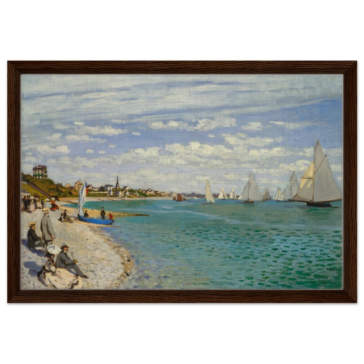 Regatta at Sainte - Adresse – Claude Monet Coastal Impressionist Wall Art Print - Framed Canvas - 40x60 cm / 16x24″ - Dark wood frame