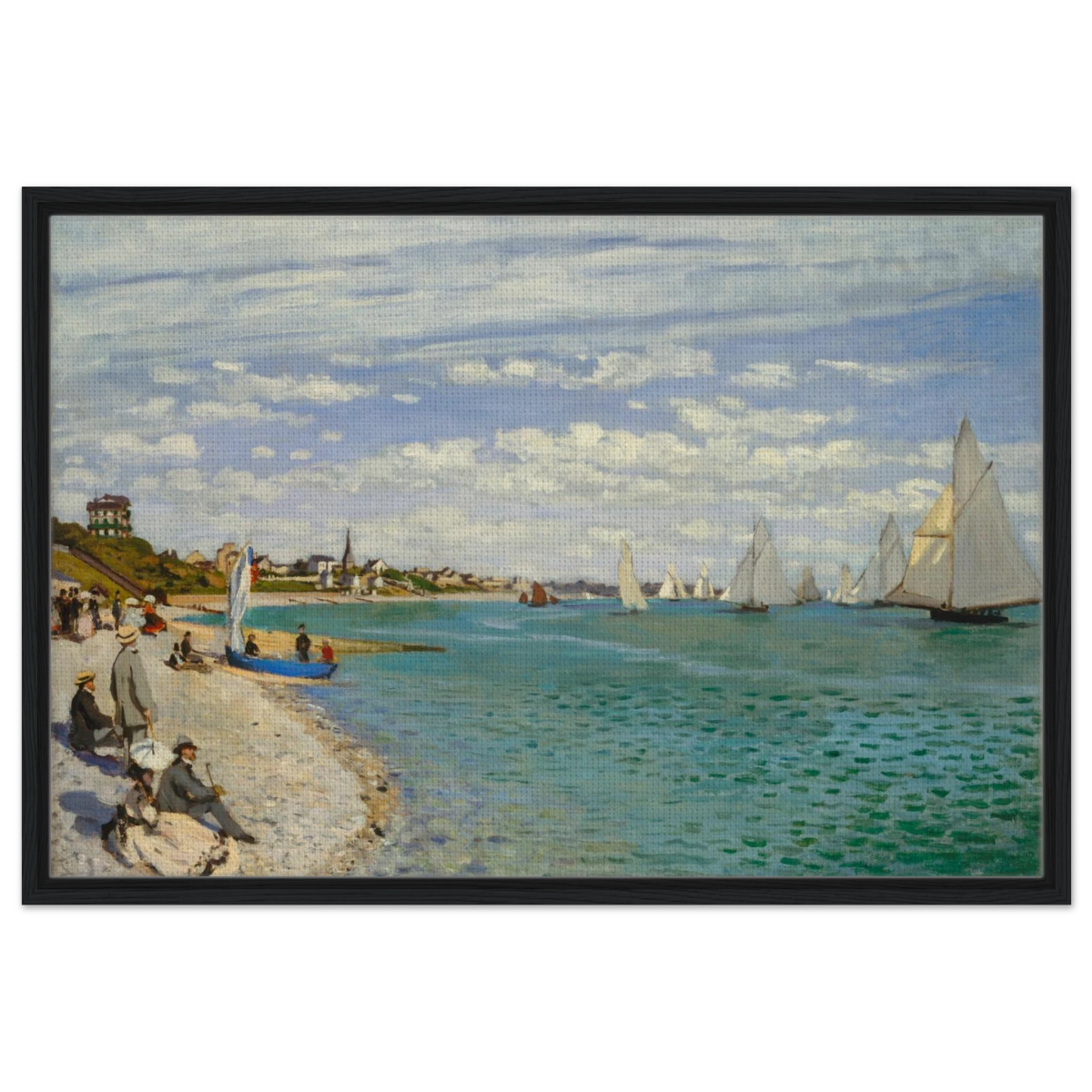 Regatta at Sainte - Adresse – Claude Monet Coastal Impressionist Wall Art Print - Framed Canvas - 60x90 cm / 24x36″ - Black frame