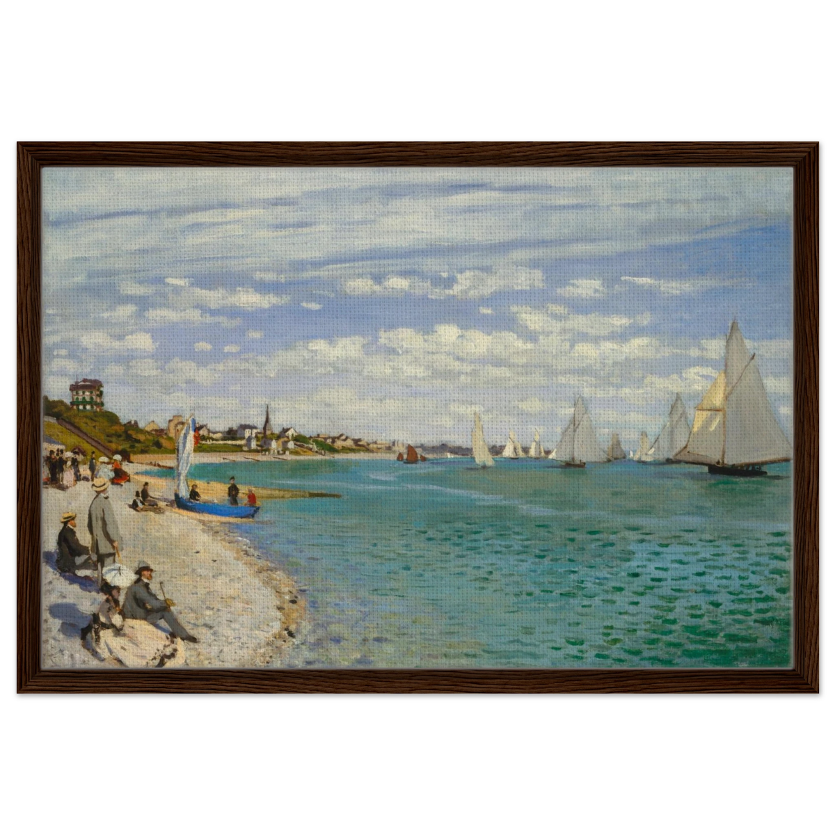 Regatta at Sainte - Adresse – Claude Monet Coastal Impressionist Wall Art Print - Framed Canvas - 50x75 cm / 20x30″ - Dark wood frame