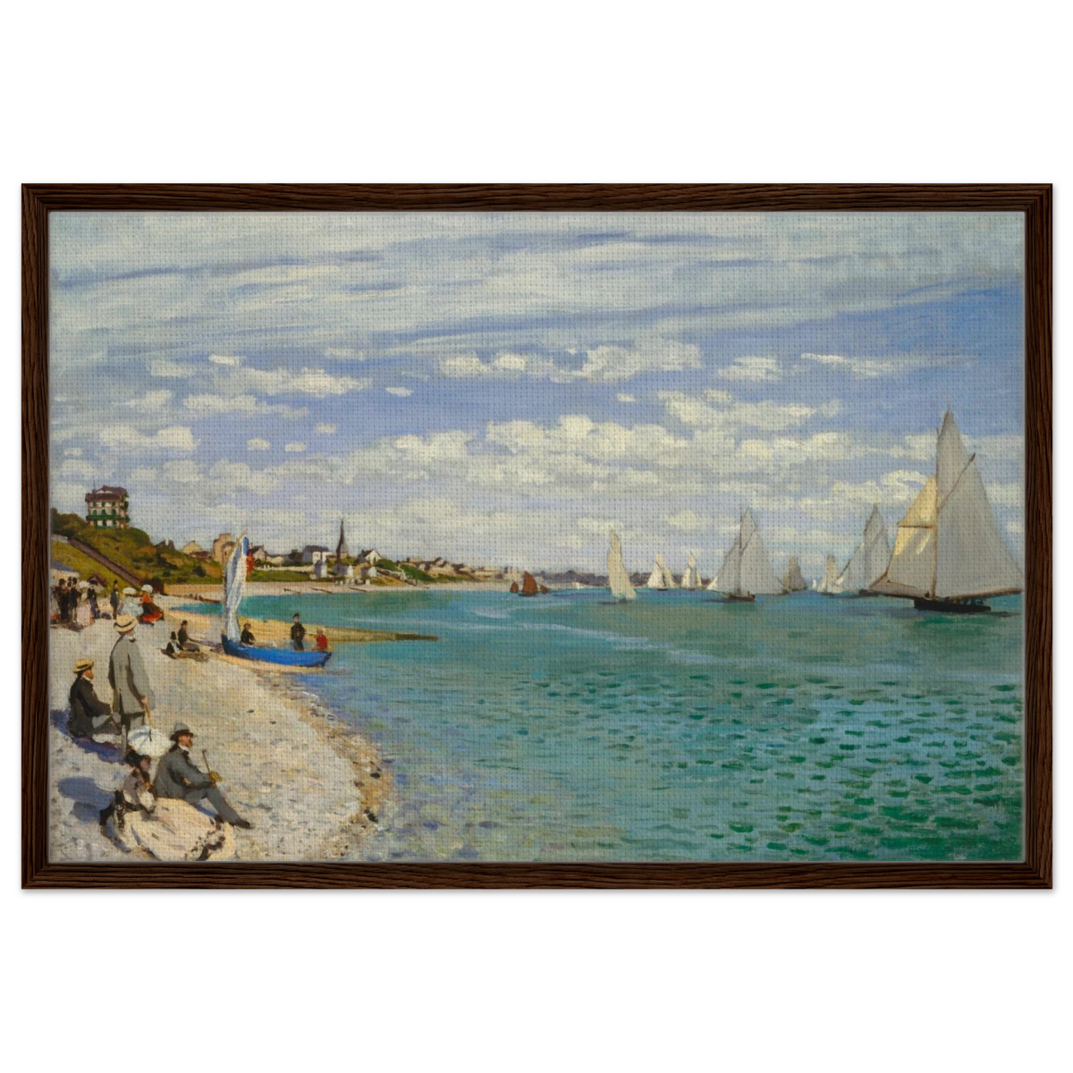 Regatta at Sainte - Adresse – Claude Monet Coastal Impressionist Wall Art Print - Framed Canvas - 60x90 cm / 24x36″ - Dark wood frame