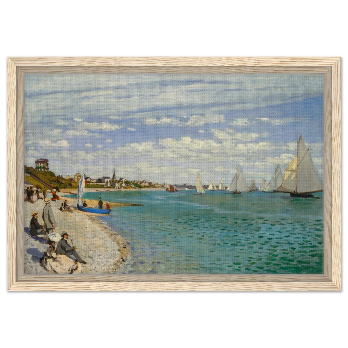 Regatta at Sainte - Adresse – Claude Monet Coastal Impressionist Wall Art Print - Framed Canvas - 30x45 cm / 12x18″ - Wood frame