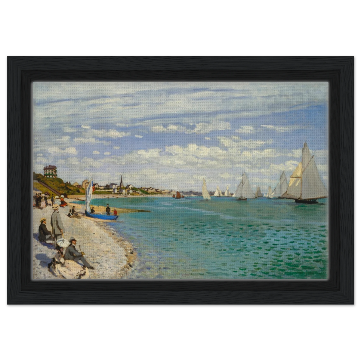Regatta at Sainte - Adresse – Claude Monet Coastal Impressionist Wall Art Print - Framed Canvas - 20x30 cm / 8x12″ - Black frame