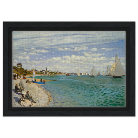 Regatta at Sainte - Adresse – Claude Monet Coastal Impressionist Wall Art Print - Framed Canvas - 20x30 cm / 8x12″ - Black frame