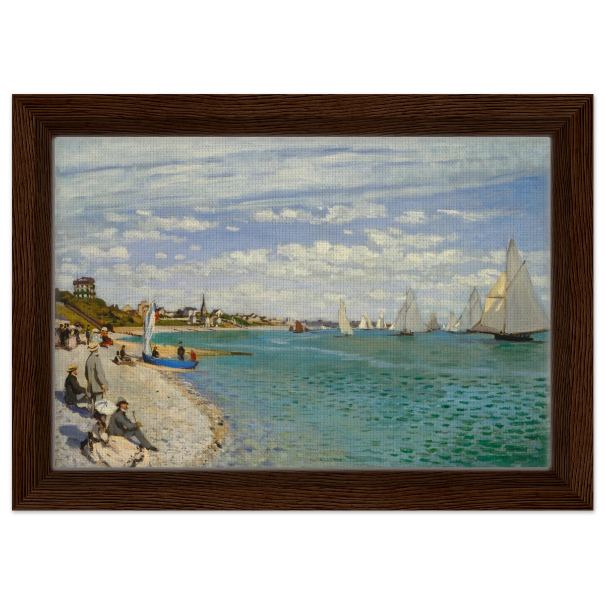 Regatta at Sainte - Adresse – Claude Monet Coastal Impressionist Wall Art Print - Framed Canvas - 20x30 cm / 8x12″ - Dark wood frame