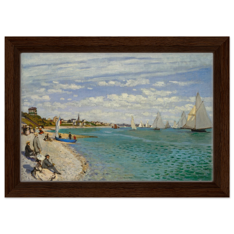 Regatta at Sainte - Adresse – Claude Monet Coastal Impressionist Wall Art Print - Framed Canvas - 20x30 cm / 8x12″ - Dark wood frame