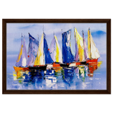 Regatta Reflections – Colourful Sailboats Wall Art Print - Framed Canvas - 40x60 cm / 16x24″ - Dark wood frame