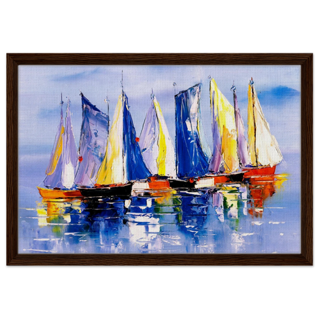 Regatta Reflections – Colourful Sailboats Wall Art Print - Framed Canvas - 40x60 cm / 16x24″ - Dark wood frame