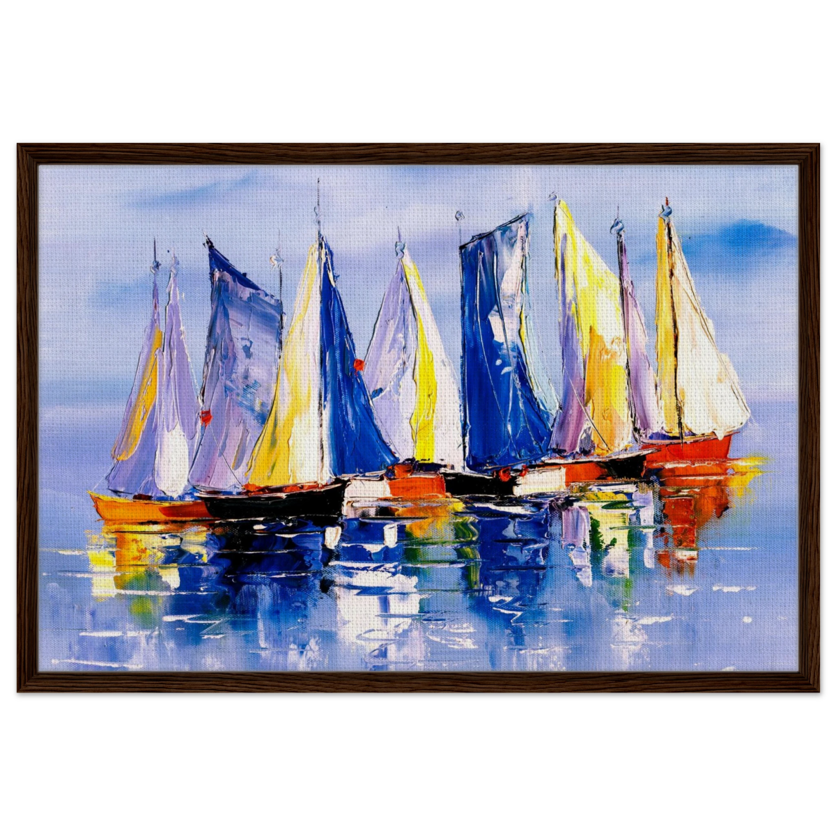 Regatta Reflections – Colourful Sailboats Wall Art Print - Framed Canvas - 60x90 cm / 24x36″ - Dark wood frame
