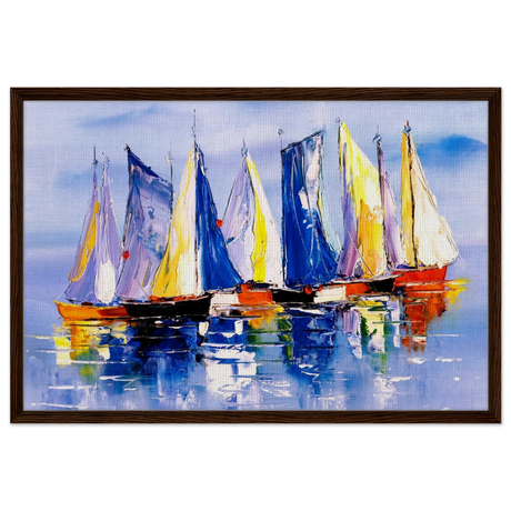 Regatta Reflections – Colourful Sailboats Wall Art Print - Framed Canvas - 60x90 cm / 24x36″ - Dark wood frame