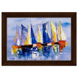 Regatta Reflections – Colourful Sailboats Wall Art Print - Framed Canvas - 20x30 cm / 8x12″ - Dark wood frame