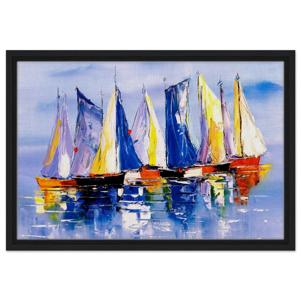 Regatta Reflections – Colourful Sailboats Wall Art Print - Framed Canvas - 40x60 cm / 16x24″ - Black frame