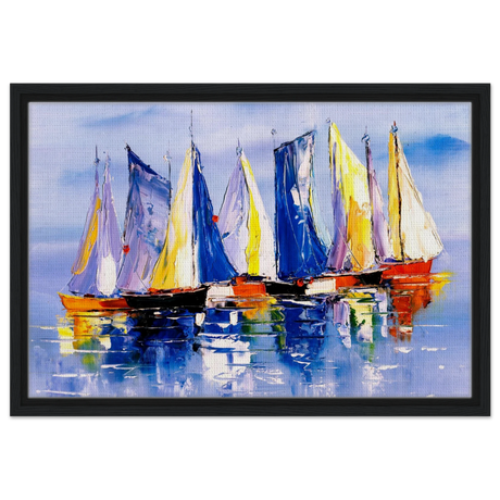 Regatta Reflections – Colourful Sailboats Wall Art Print - Framed Canvas - 40x60 cm / 16x24″ - Black frame