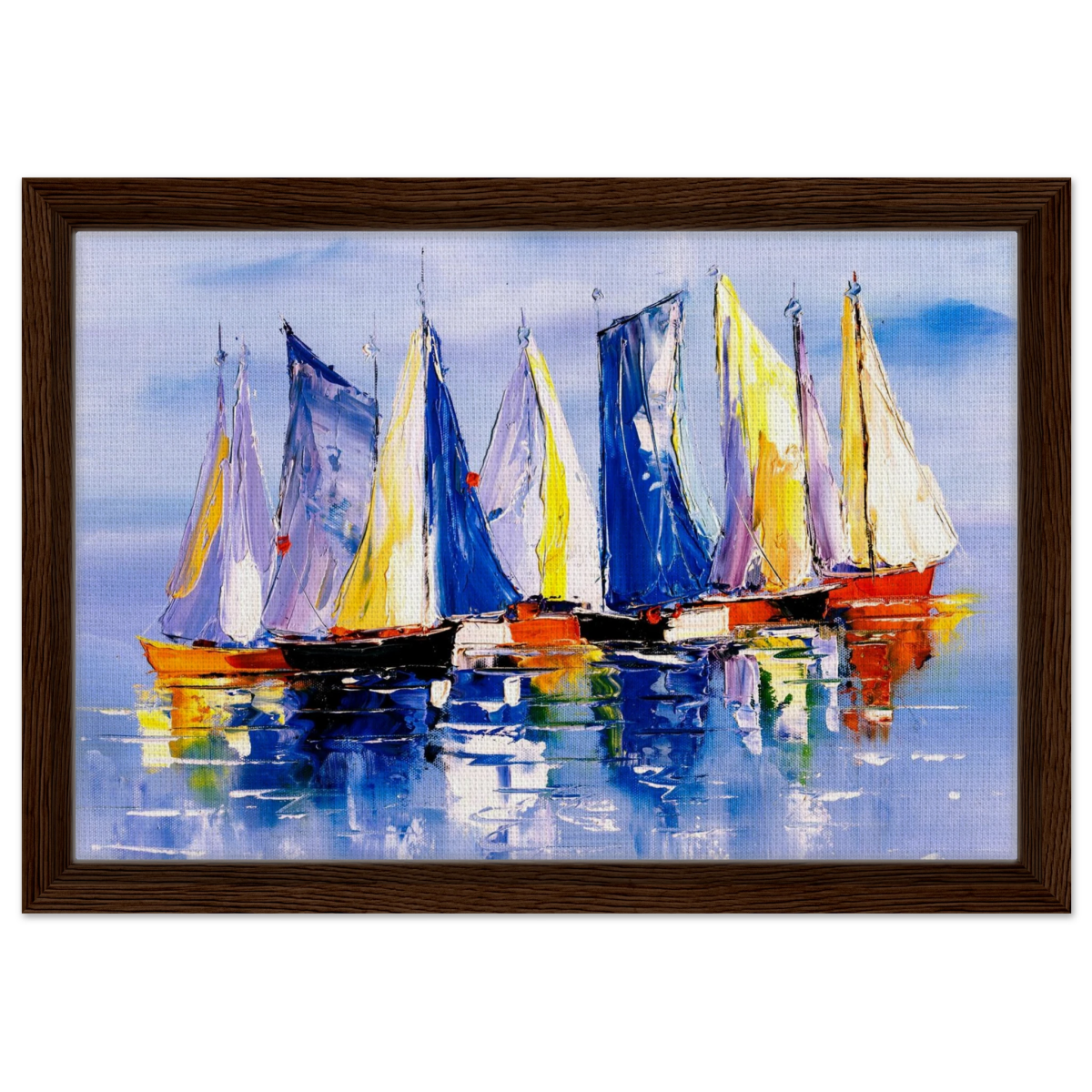 Regatta Reflections – Colourful Sailboats Wall Art Print - Framed Canvas - 30x45 cm / 12x18″ - Dark wood frame