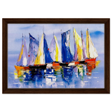 Regatta Reflections – Colourful Sailboats Wall Art Print - Framed Canvas - 30x45 cm / 12x18″ - Dark wood frame