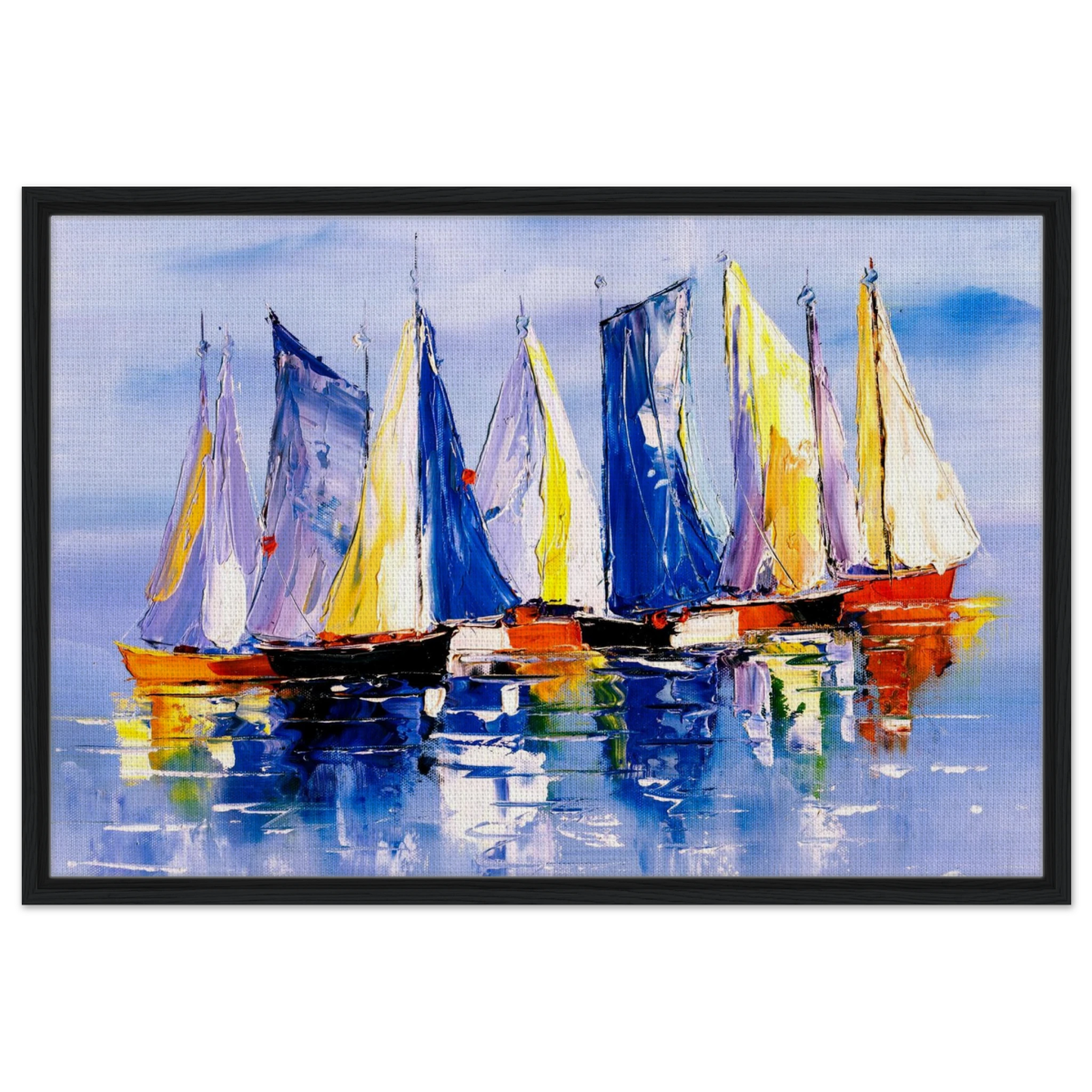 Regatta Reflections – Colourful Sailboats Wall Art Print - Framed Canvas - 60x90 cm / 24x36″ - Black frame