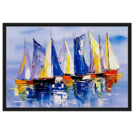 Regatta Reflections – Colourful Sailboats Wall Art Print - Framed Canvas - 60x90 cm / 24x36″ - Black frame
