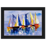 Regatta Reflections – Colourful Sailboats Wall Art Print - Framed Canvas - 20x30 cm / 8x12″ - Black frame