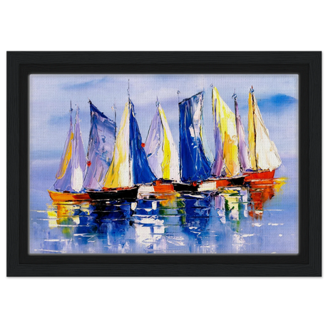 Regatta Reflections – Colourful Sailboats Wall Art Print - Framed Canvas - 20x30 cm / 8x12″ - Black frame