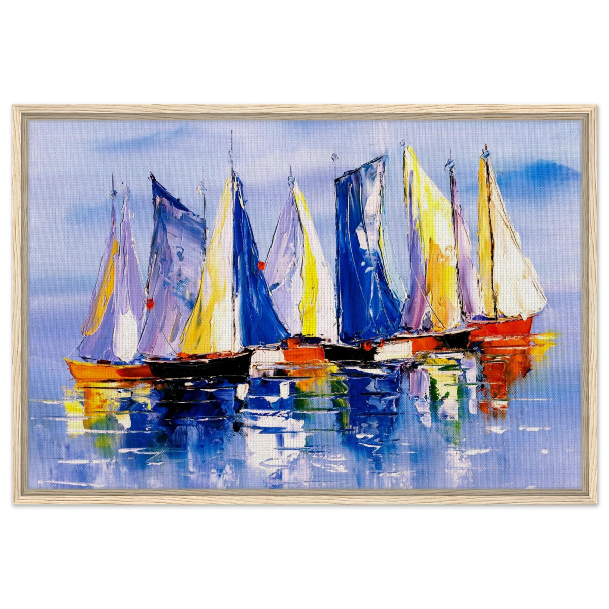 Regatta Reflections – Colourful Sailboats Wall Art Print - Framed Canvas - 60x90 cm / 24x36″ - Wood frame