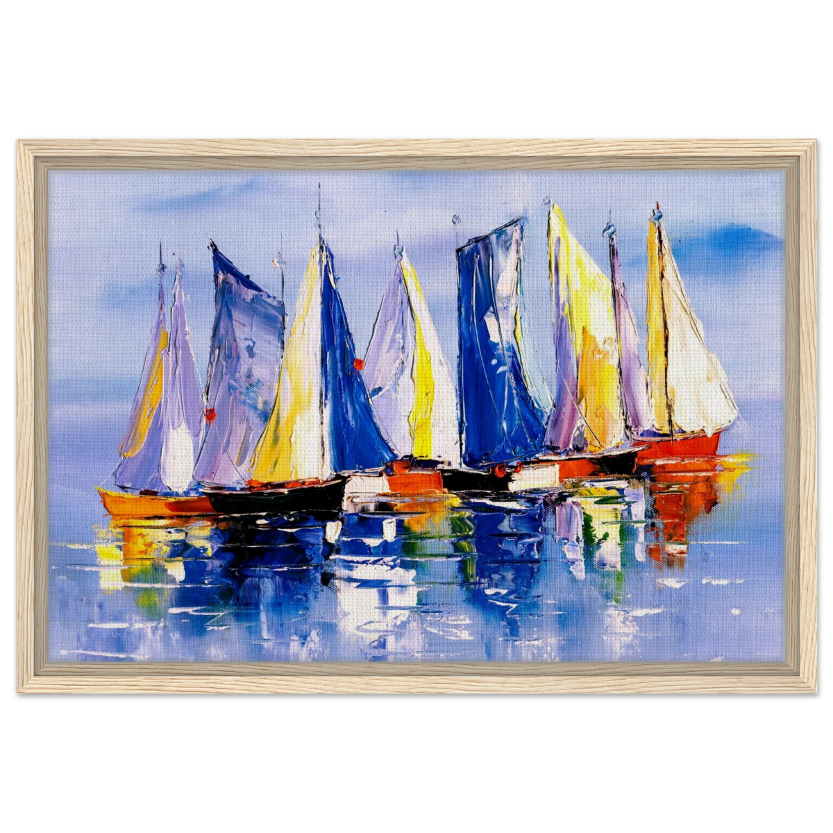 Regatta Reflections – Colourful Sailboats Wall Art Print - Framed Canvas - 40x60 cm / 16x24″ - Wood frame