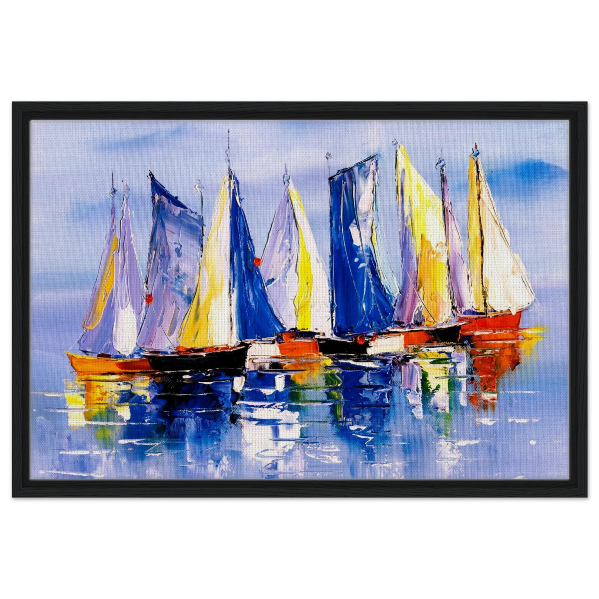 Regatta Reflections – Colourful Sailboats Wall Art Print - Framed Canvas - 50x75 cm / 20x30″ - Black frame