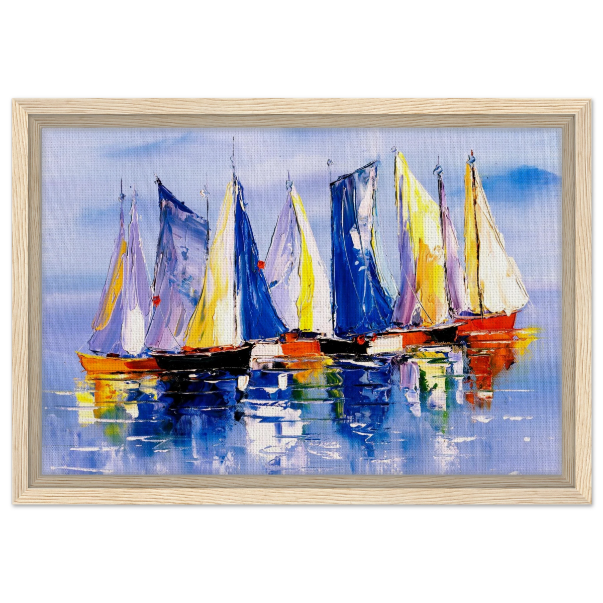 Regatta Reflections – Colourful Sailboats Wall Art Print - Framed Canvas - 30x45 cm / 12x18″ - Wood frame