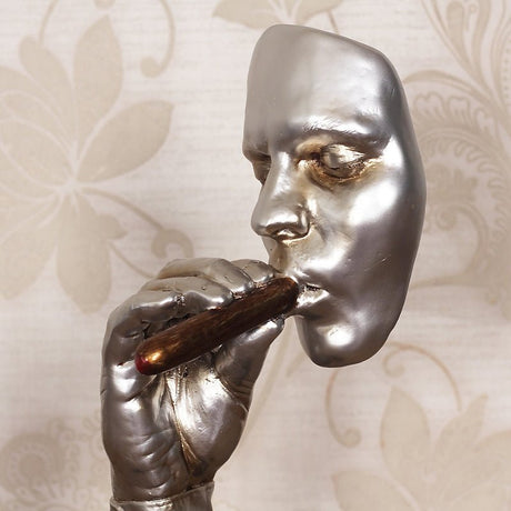 Retro Abstract Resin Sculpture – Meditating Man with Cigar Figurine - Silver - 
