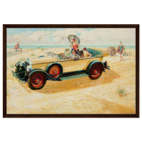 Retro Beach Getaway | Vintage Pop Art wall art print - Framed Canvas - 60x90 cm / 24x36″ - Dark wood frame