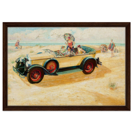 Retro Beach Getaway | Vintage Pop Art wall art print - Framed Canvas - 40x60 cm / 16x24″ - Dark wood frame