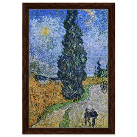 Road with Cypress and Star , 1890 by Vincent van Gogh | Vintage Art wall art print - Framed Canvas - 30x45 cm / 12x18″ - Dark wood frame